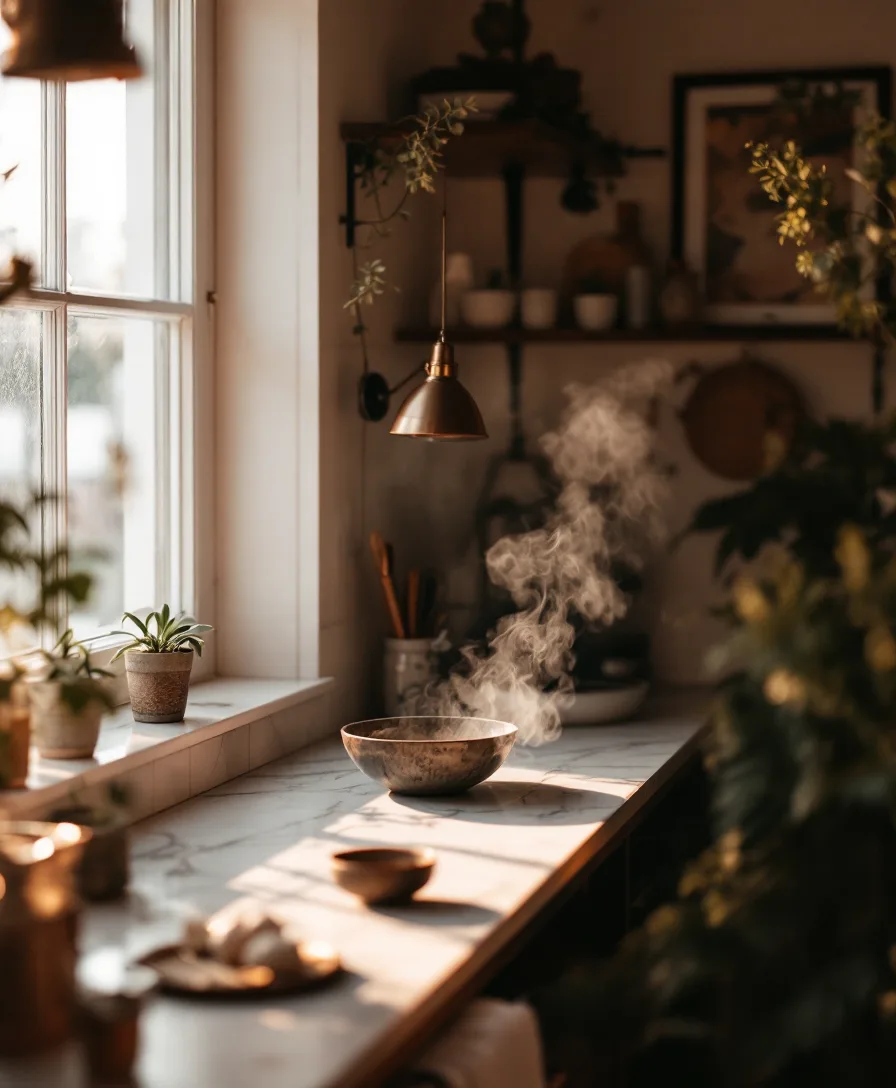 Soft morning window light across a marble shooting surface with a steaming bowl mid-shoot