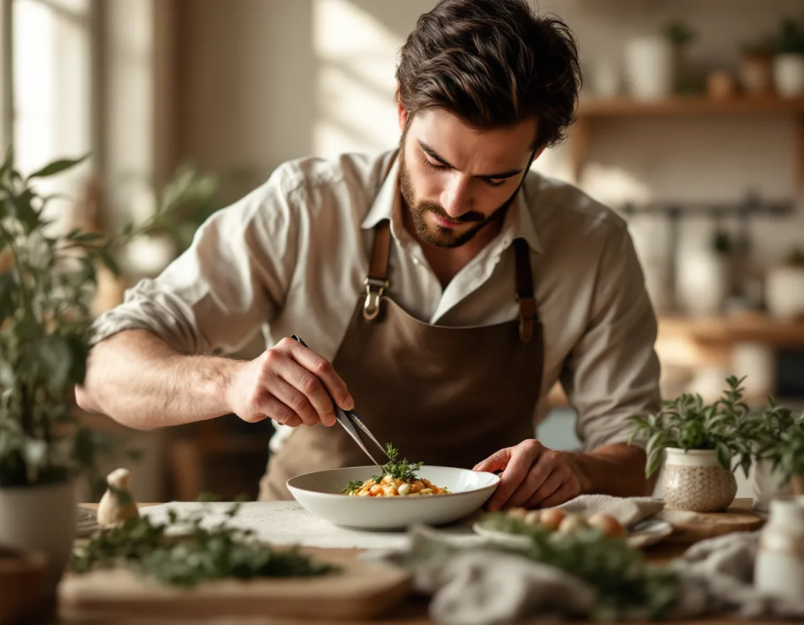 Nettle Lane food stylist plating a dish with tweezers at the bench